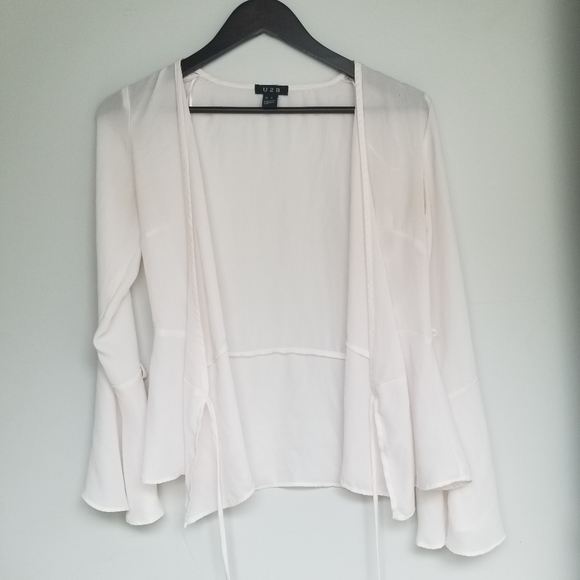 U2B blush off white sheer see through long bell sleeve wrap top S - Picture 6 of 9